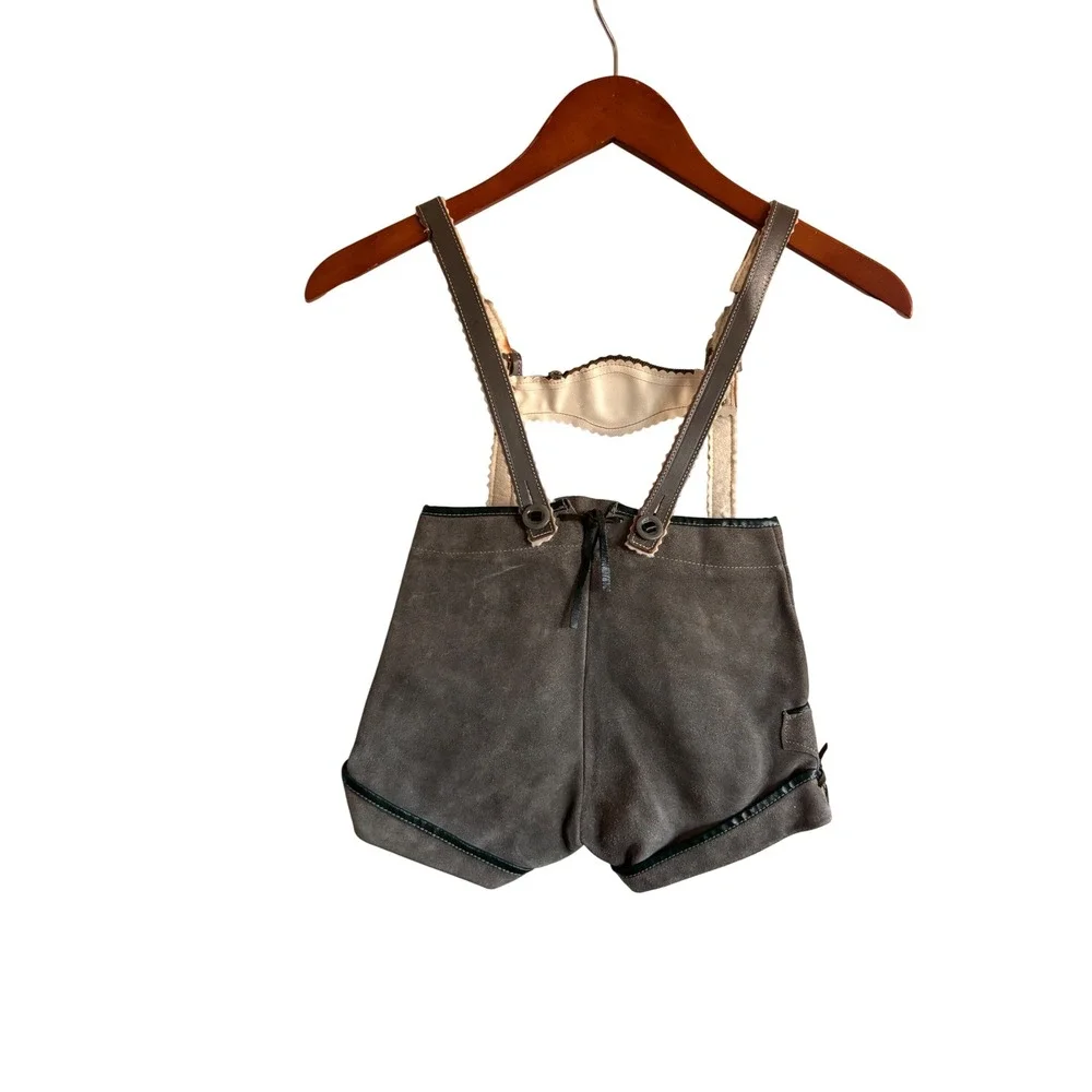 Kids Lederhosen German Style Suspender Shorts Gray‎ Leather Trim Oktoberfest